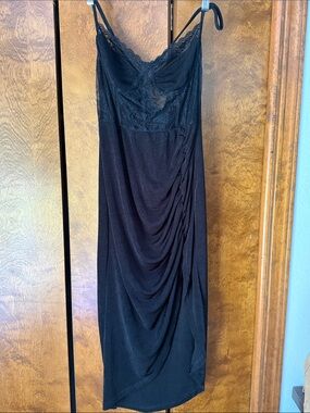 Cider Black Lace-Trim Midi Slip Dress with Draped Side